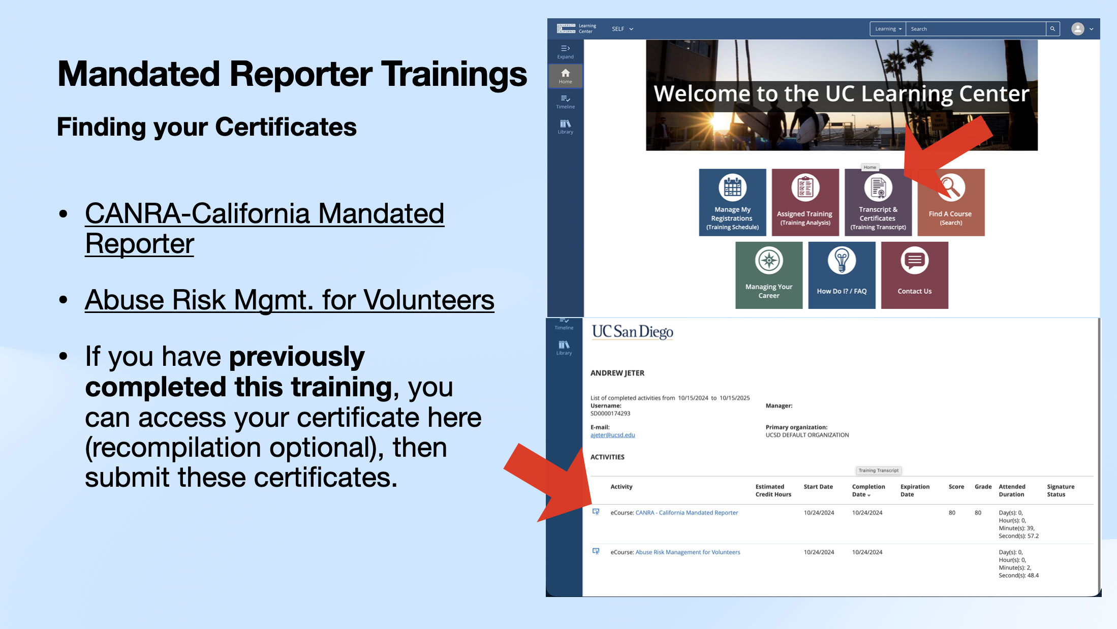 Steps for navigating to the "Completed Trainings" page
